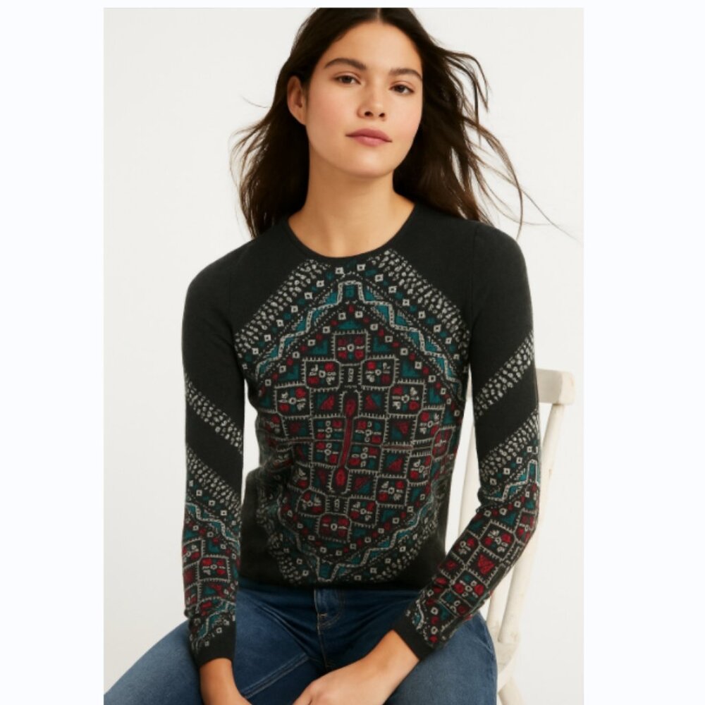J. Crew Black and Red Patterned Crew Neck Sweater